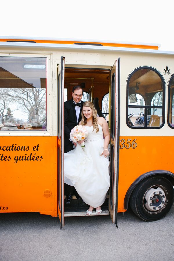 Bride stepping out of the Winnipeg Trolley doorway